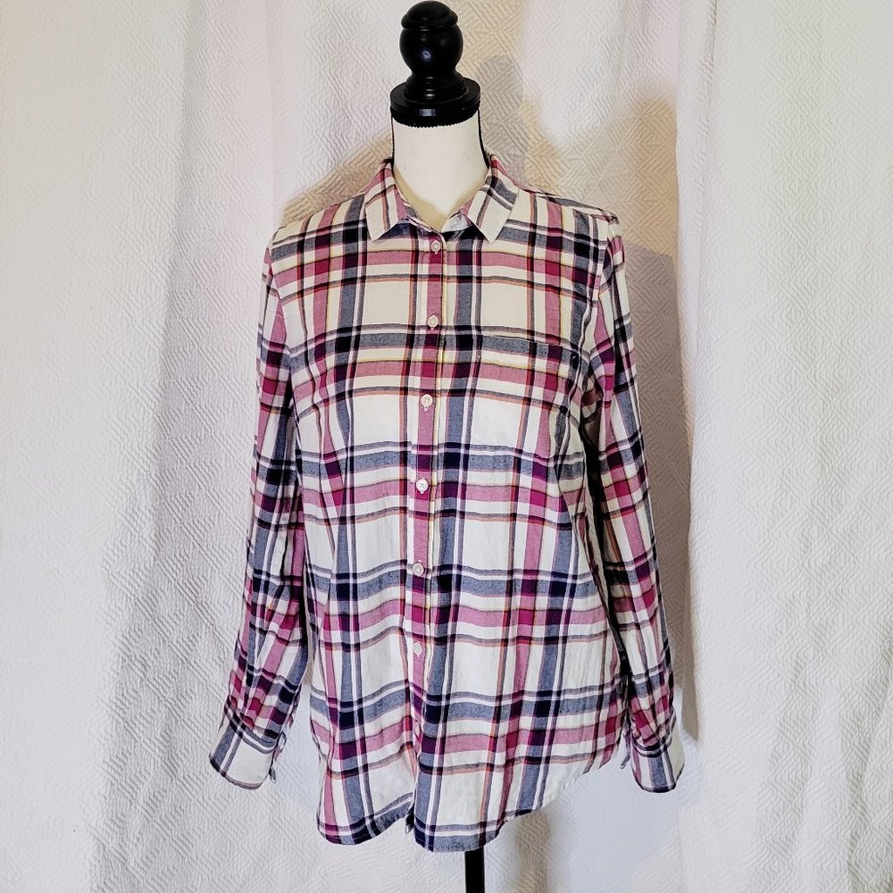J. Crew Women's/Small/White/Blue/Purple Long Sleeve Button Down Flannel Top